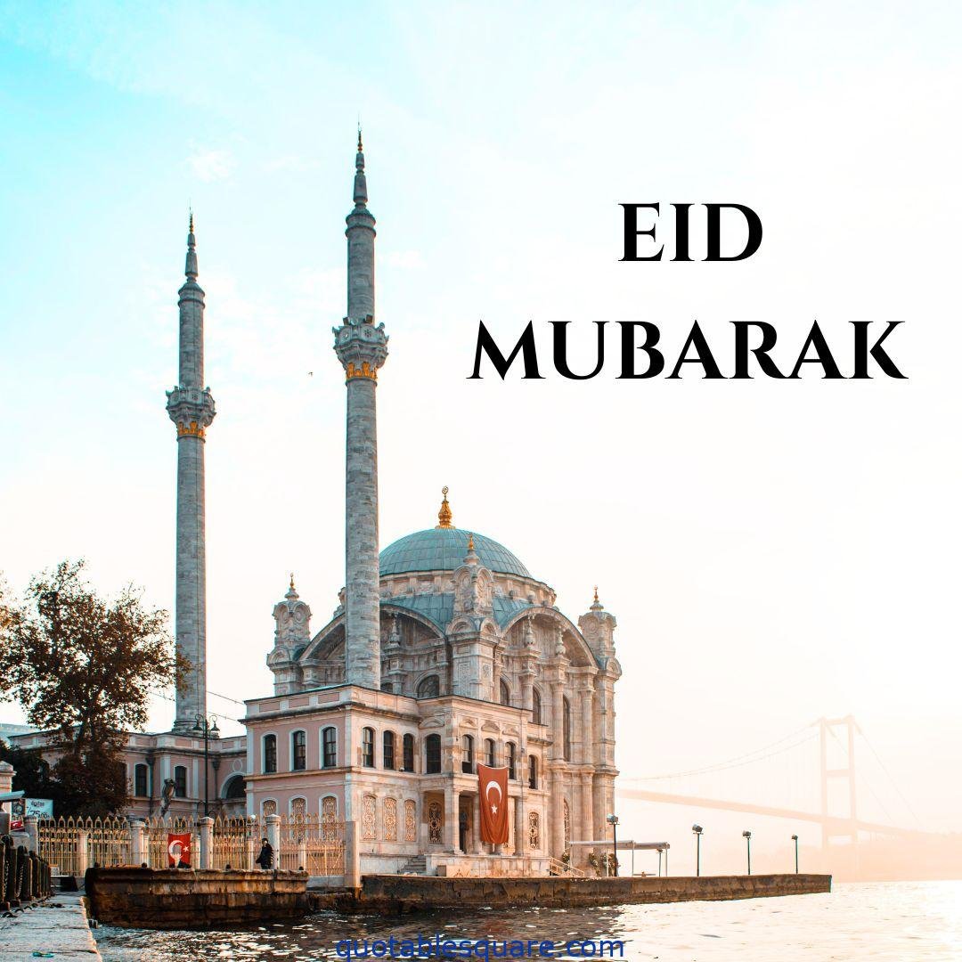 Eid Mubarak greeting message with image of mosque in Turkey